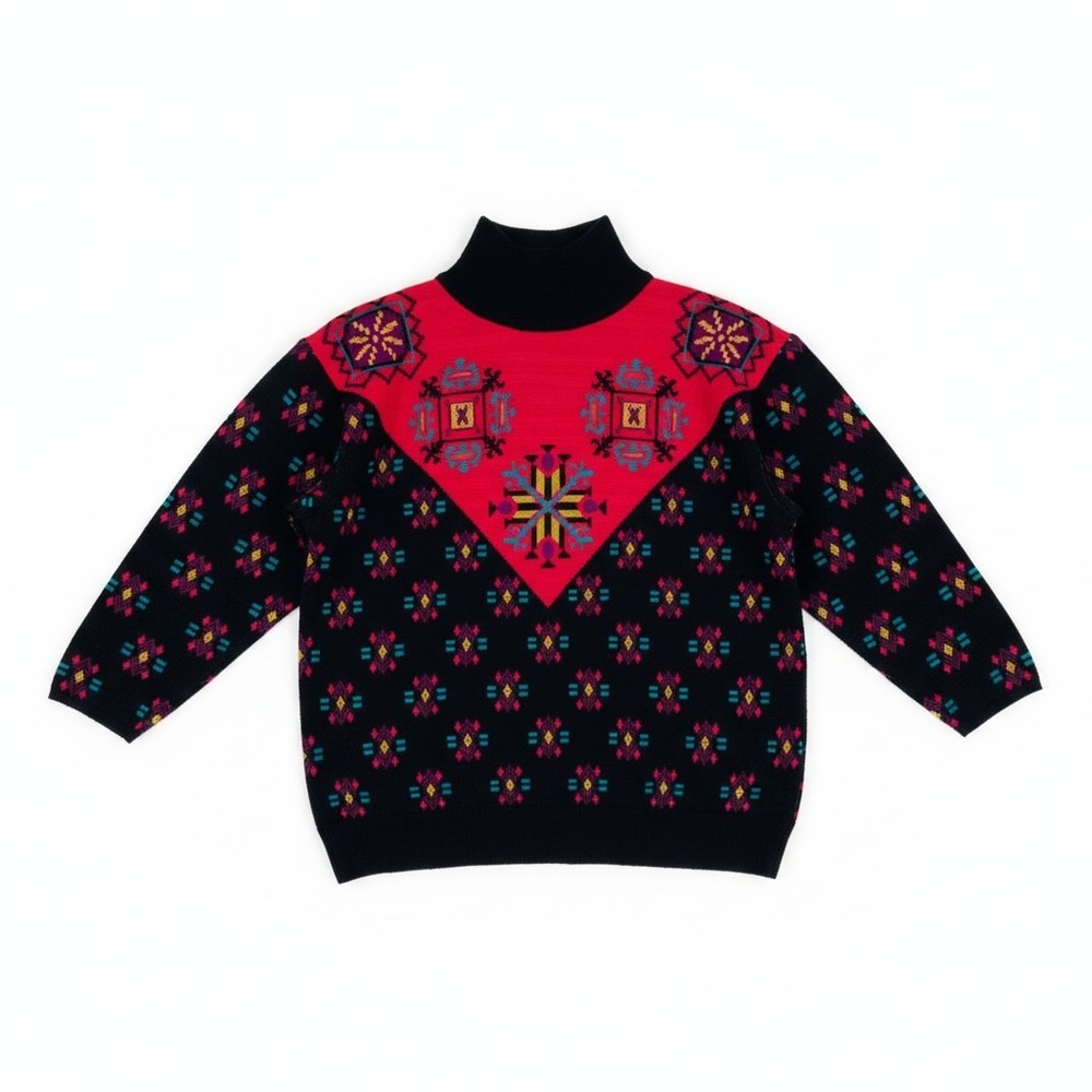 Vintage Tric-Trac Intarsia Mock Neck‎ Geometric Sweater Colorblock 80s Knit L